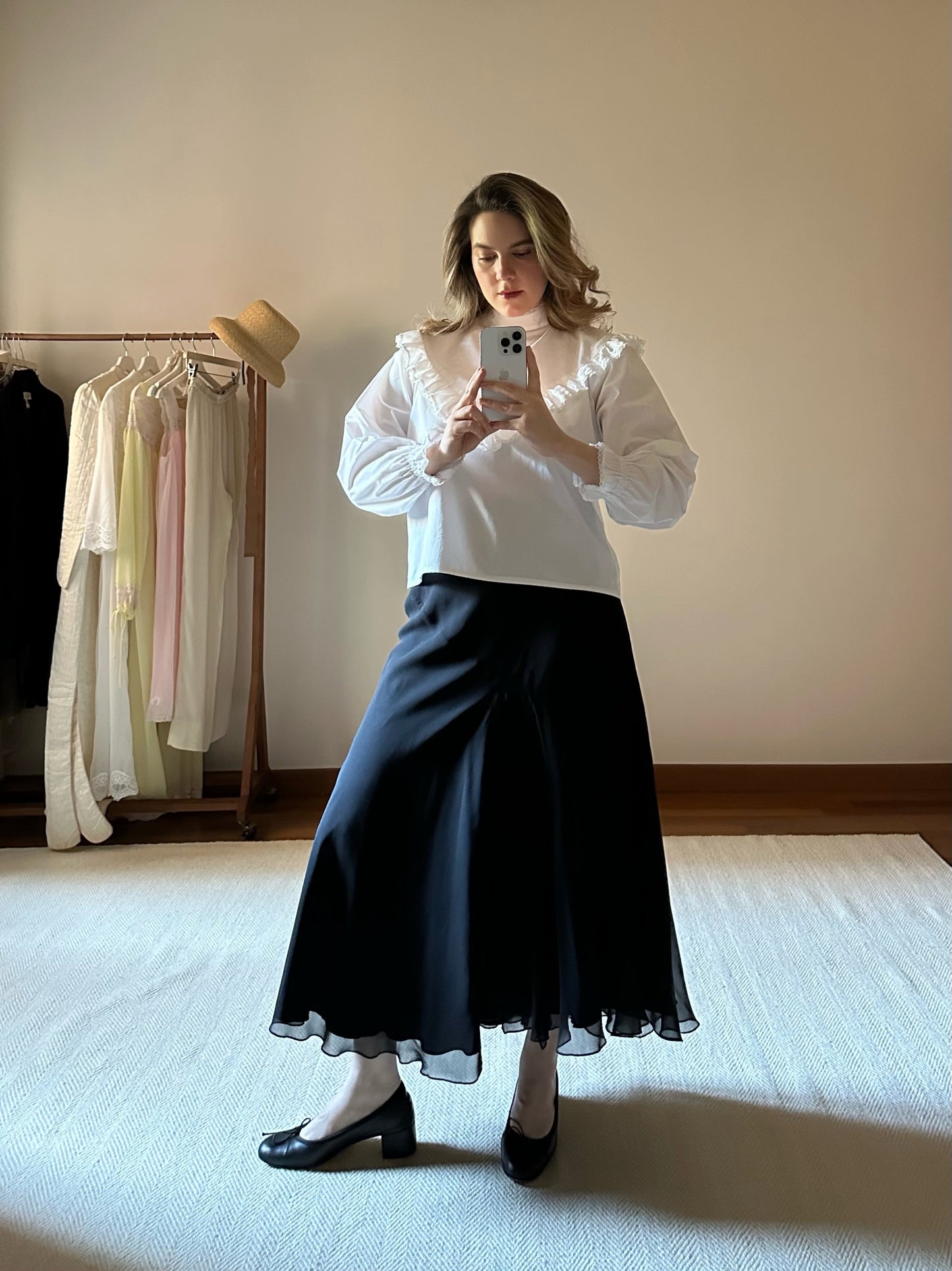 Pure Silk Black Midi Skirt