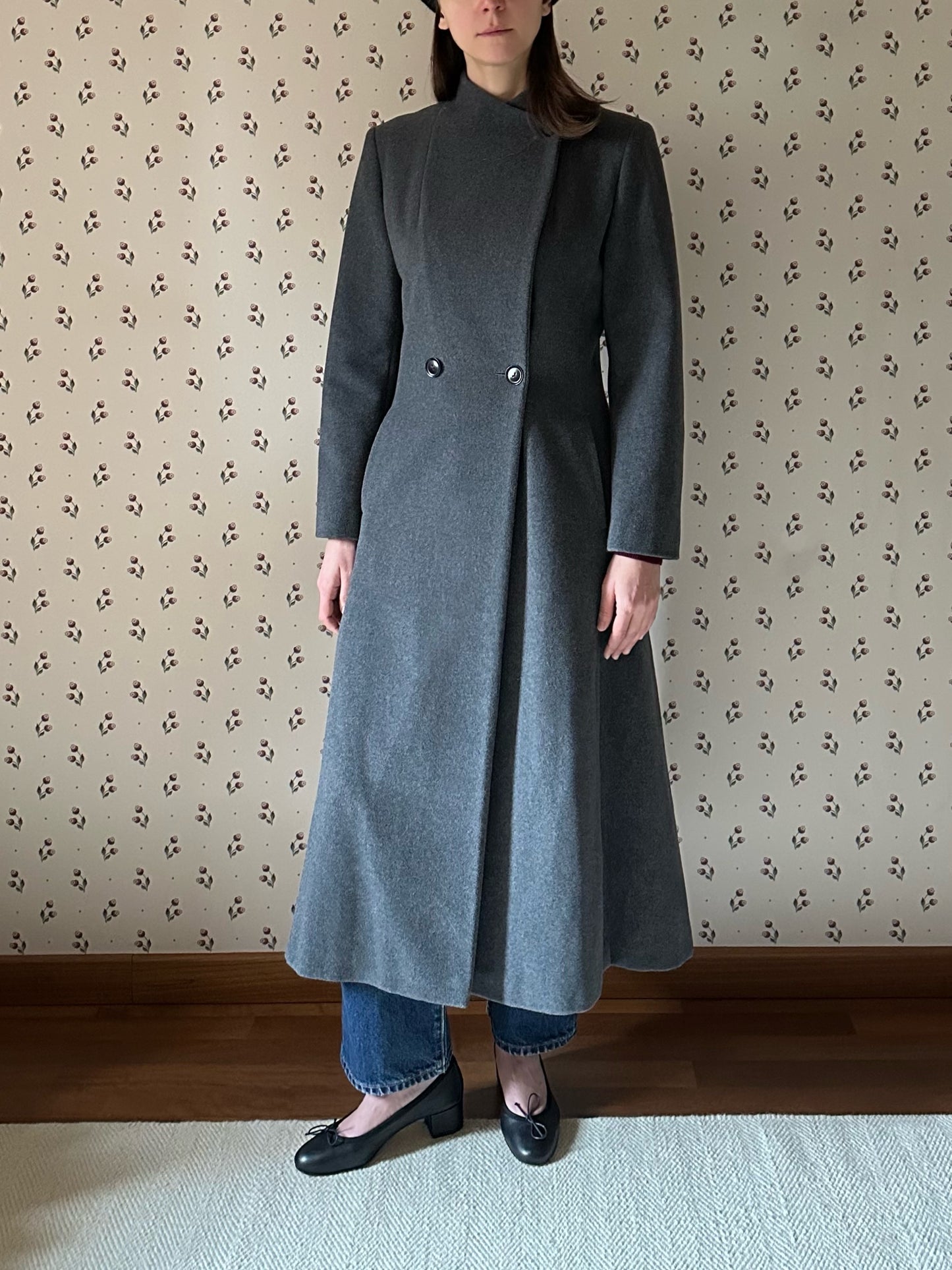 Gray Structured Wool & Cashmere Round Neck Coat