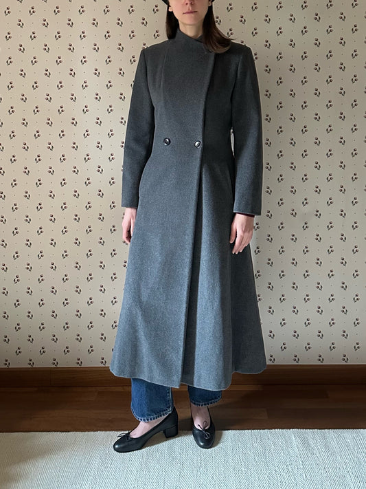 Gray Structured Wool & Cashmere Round Neck Coat