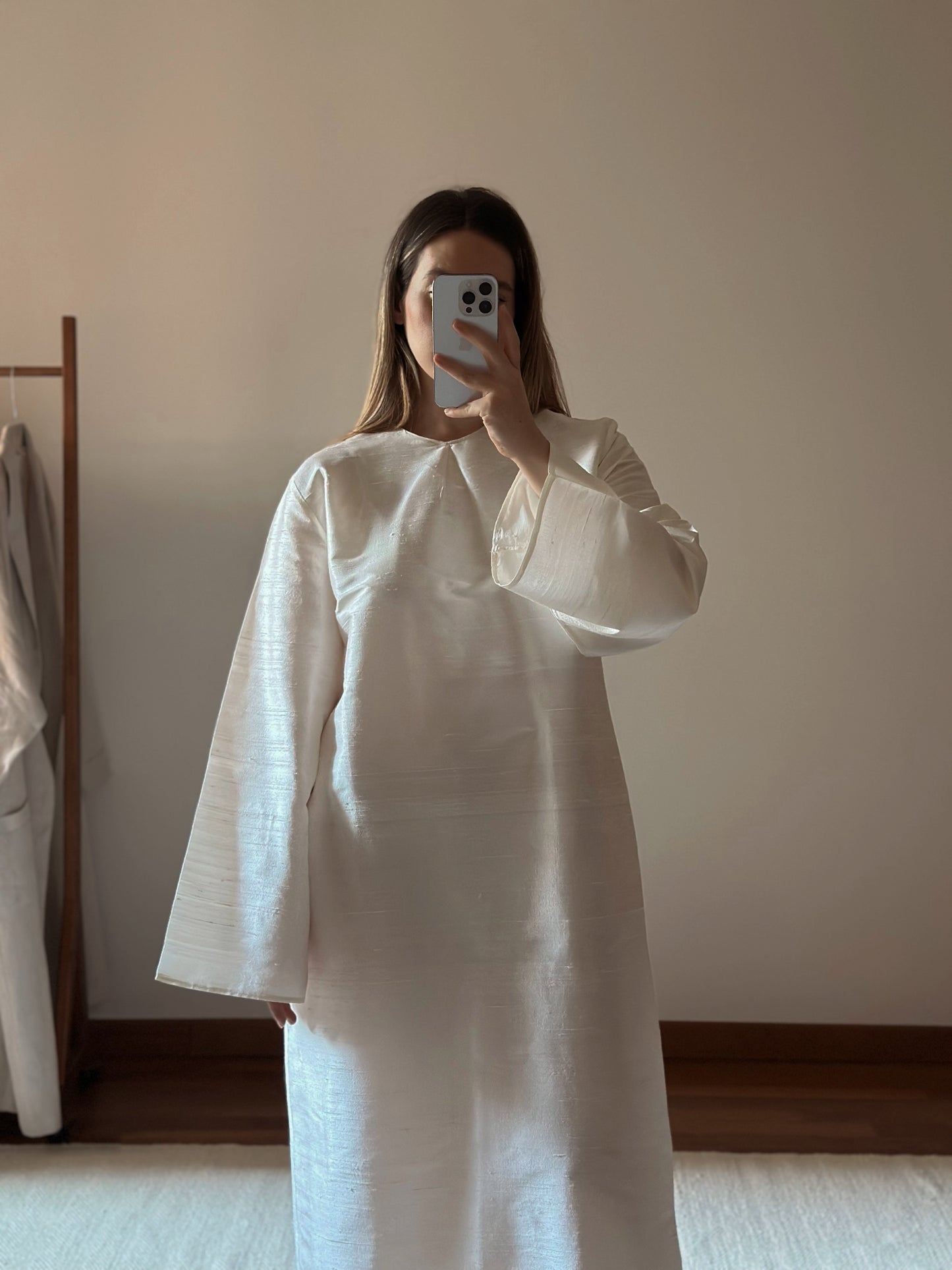 100% Silk White Long Tunic Dress