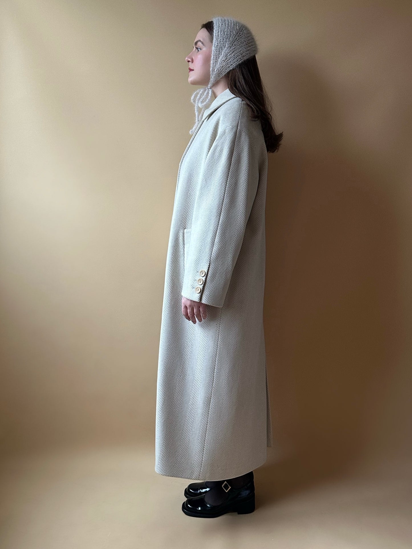 Vintage Cream Herringbone Maxi Coat