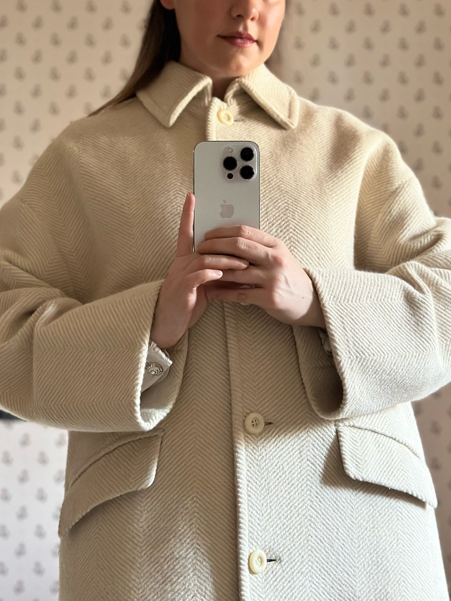Milky White Pure Wool Herringbone Coat
