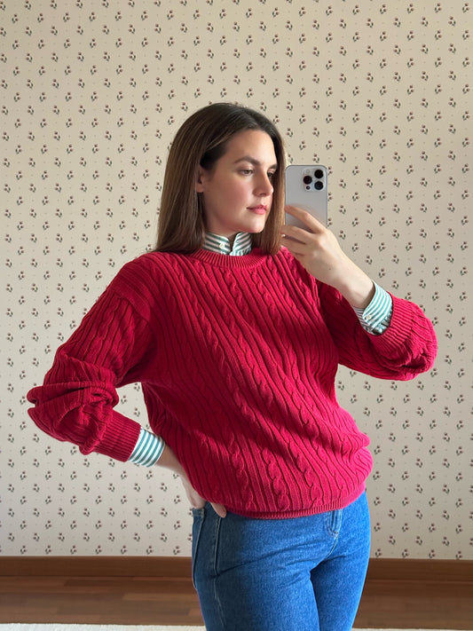 Red Cotton Cable Knit Sweater