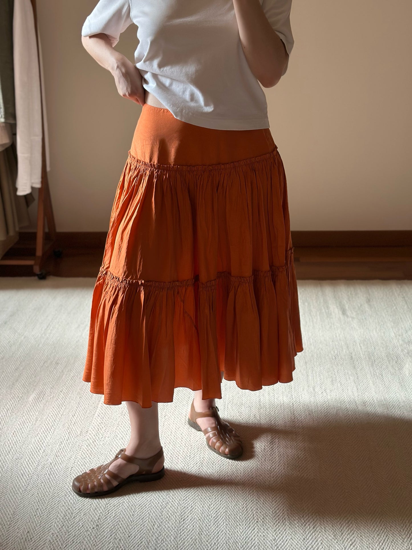 100% Silk Orange Ruffled Skirt