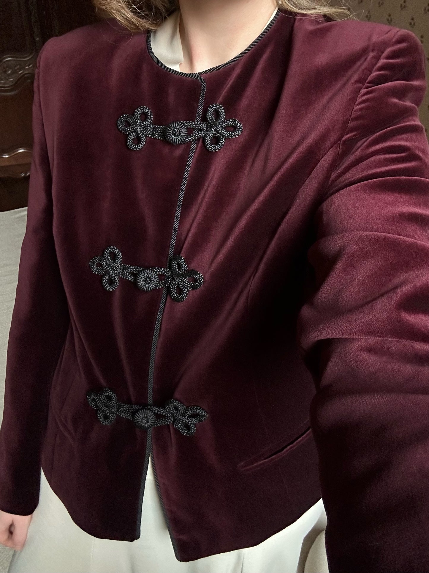 Burgundy Velvet Jacket With Frog Buttons