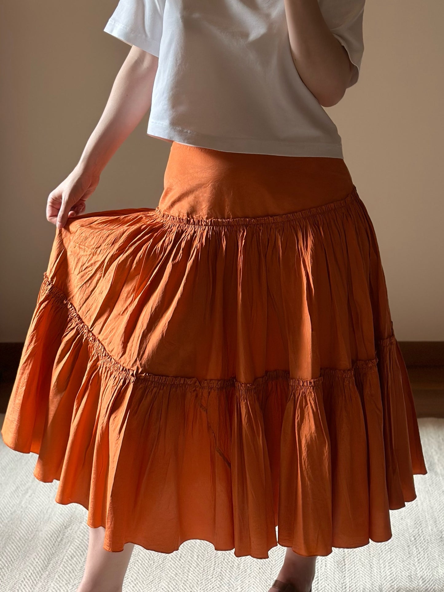 100% Silk Orange Ruffled Skirt