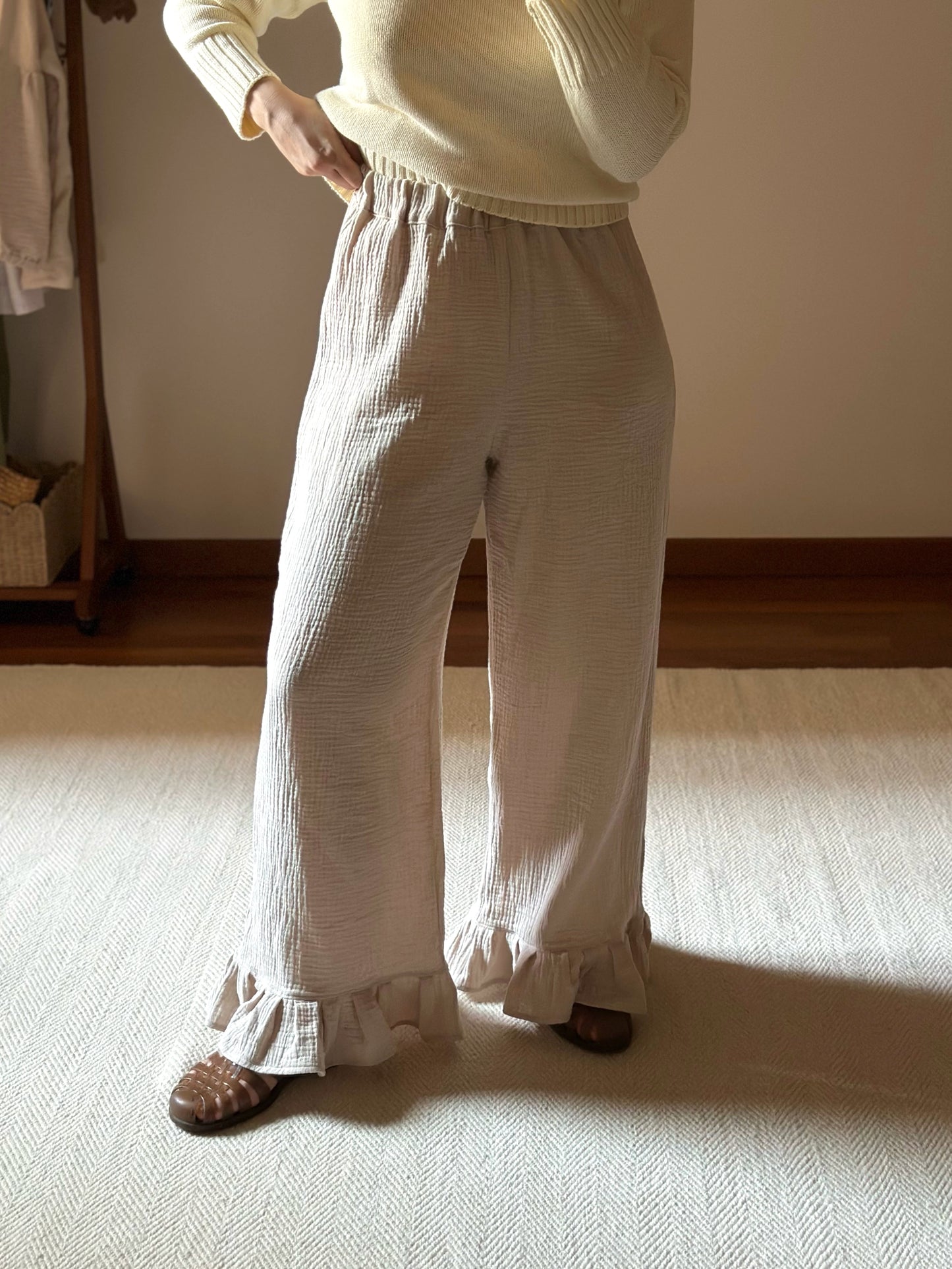 Cotton Muslin Frilled Trousers