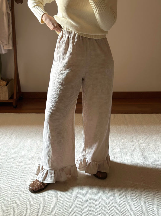 Cotton Muslin Frilled Trousers