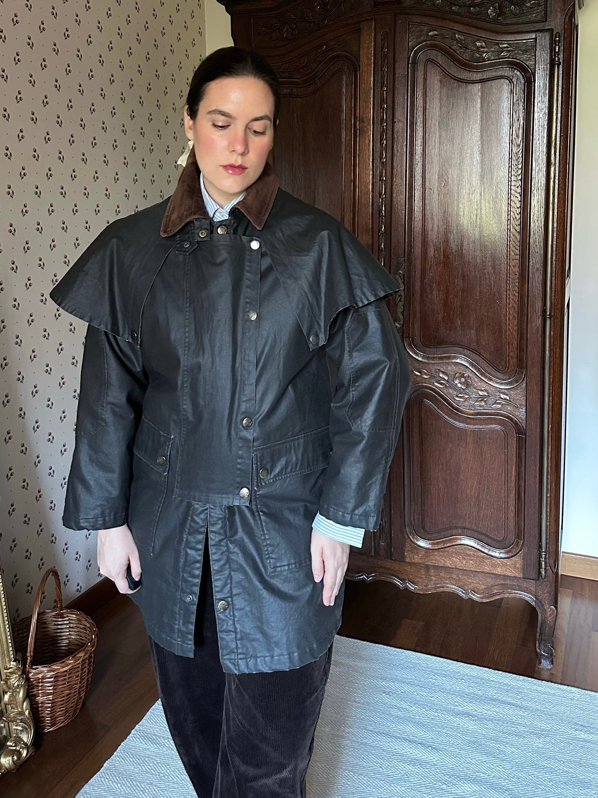 Waxed Jacket With Cape & Tartan Vest