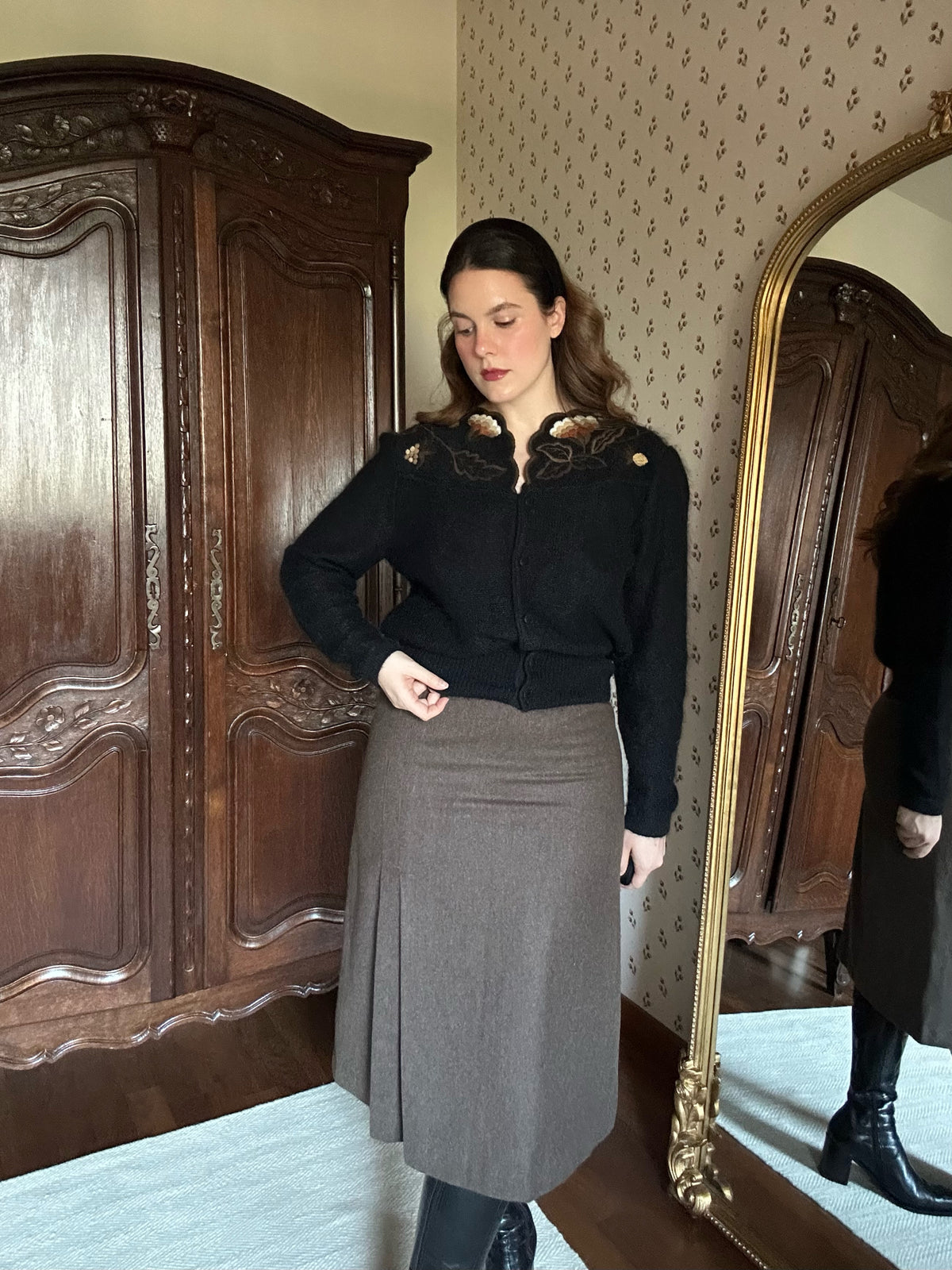 Pure Wool Taupe Midi Skirt