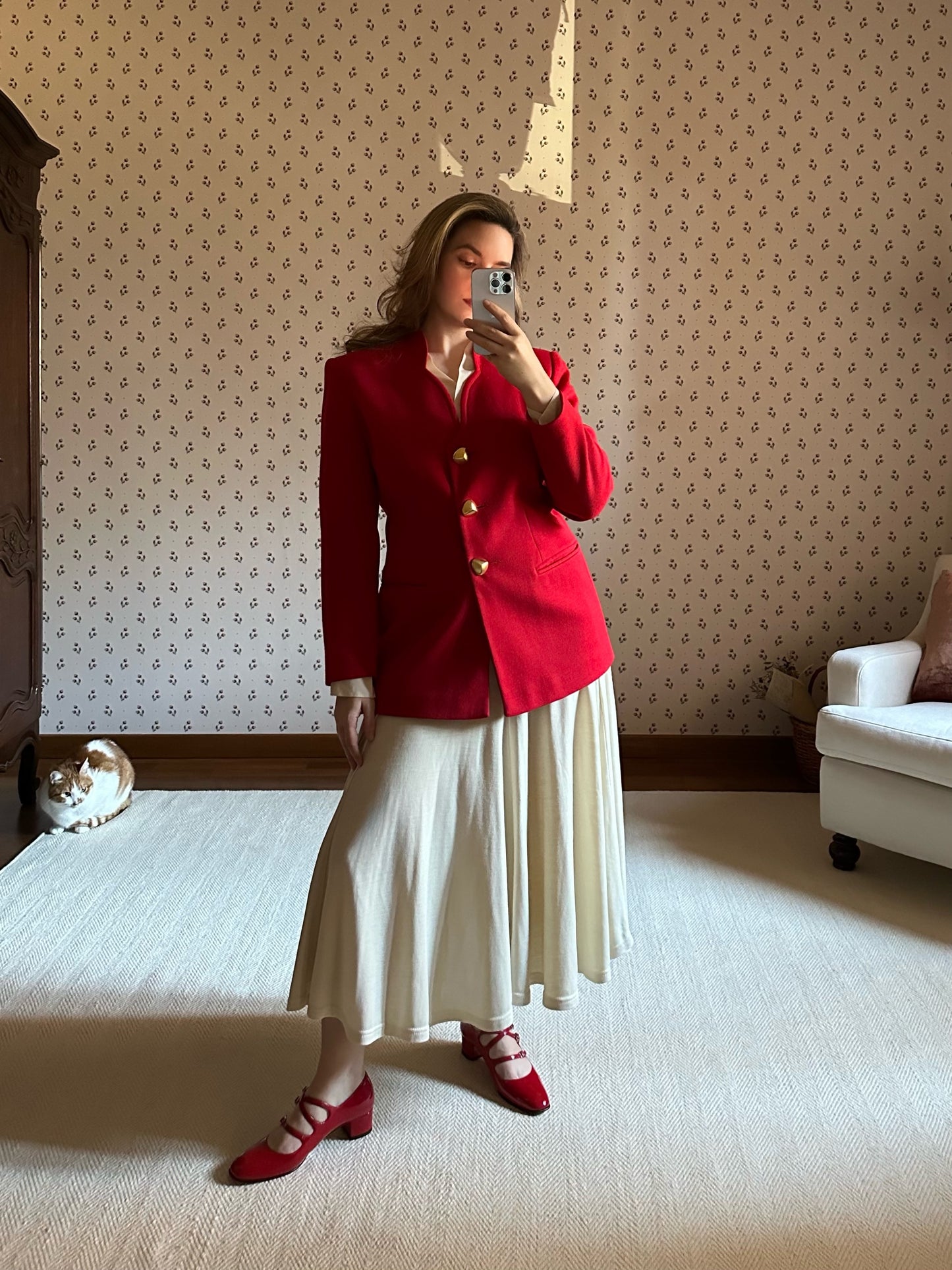 Red Wool Blazer With Golden Buttons