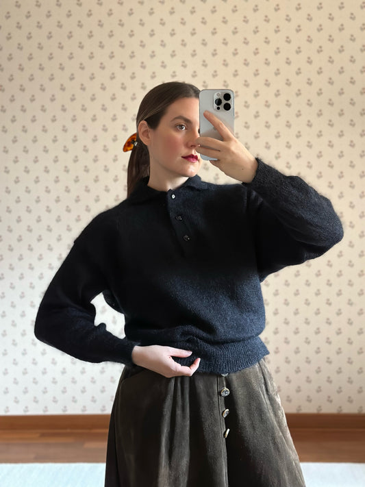 Vintage Super Kid Mohair Black Polo Sweater