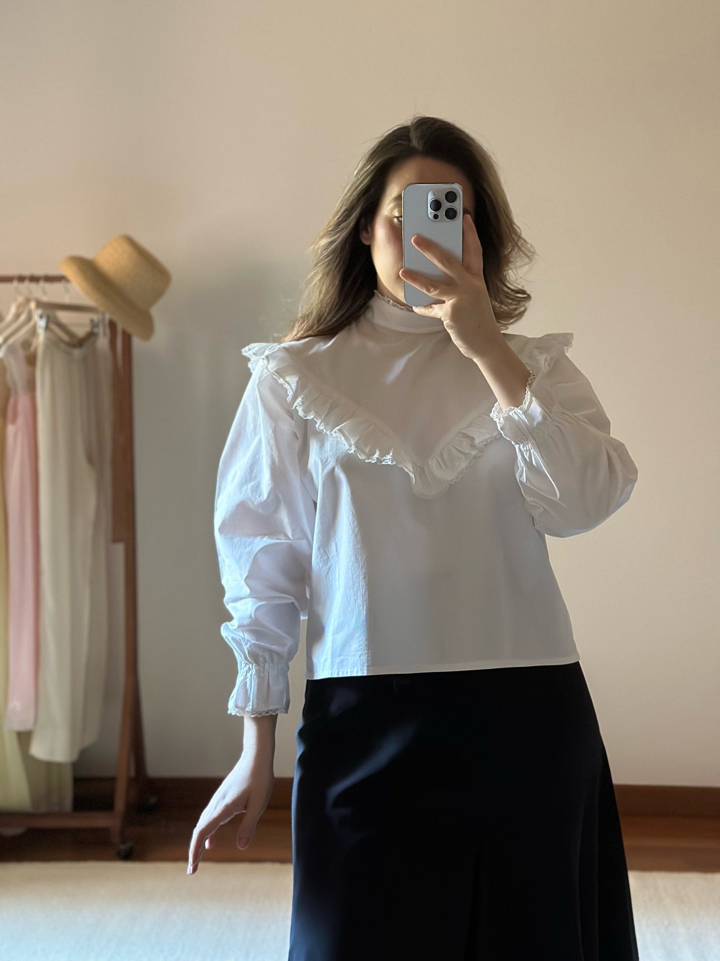 White Ruffled Mock Neck Shirt