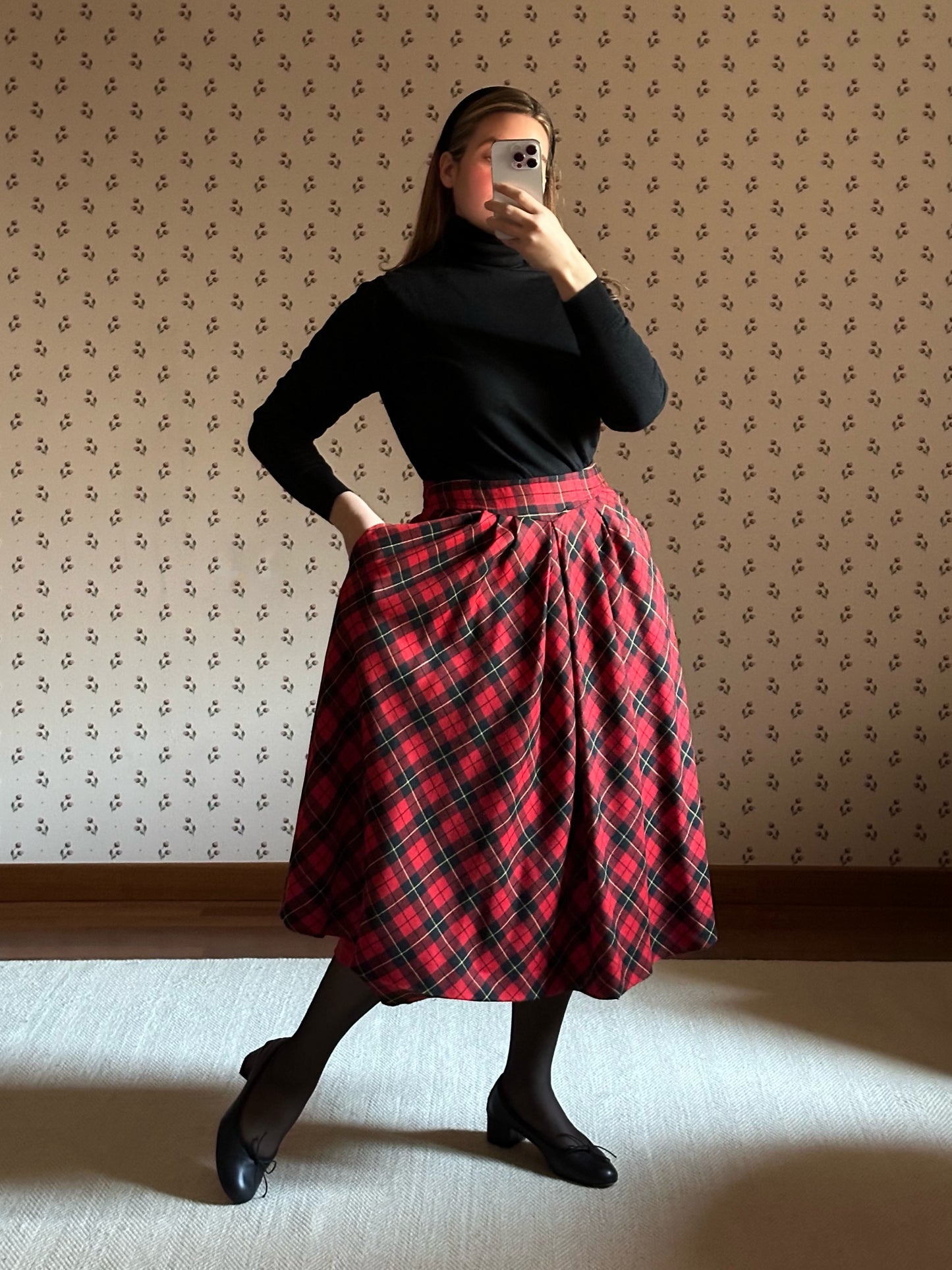 Red Tartan Pure Wool Midi Circle Skirt