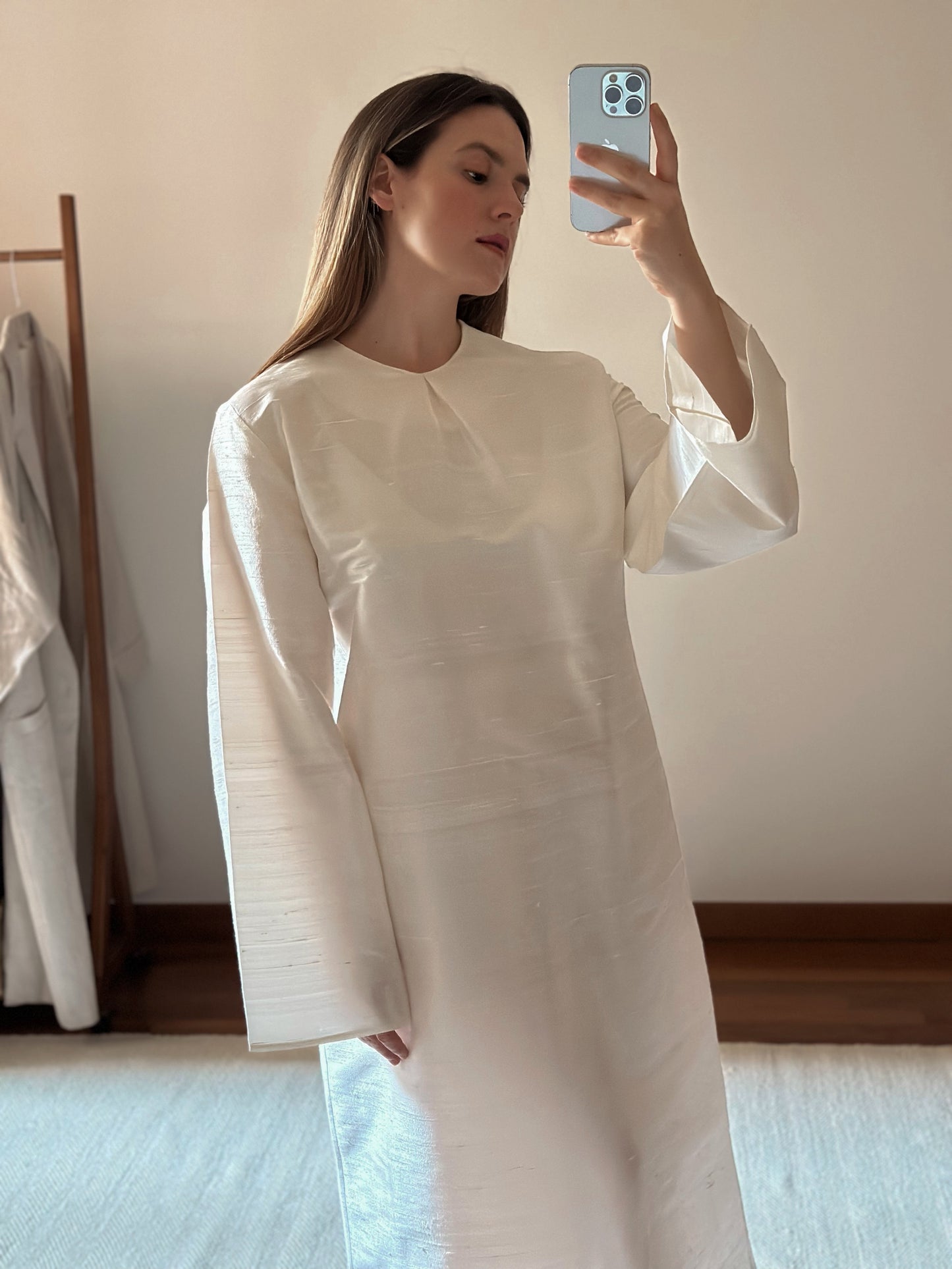 100% Silk White Long Tunic Dress