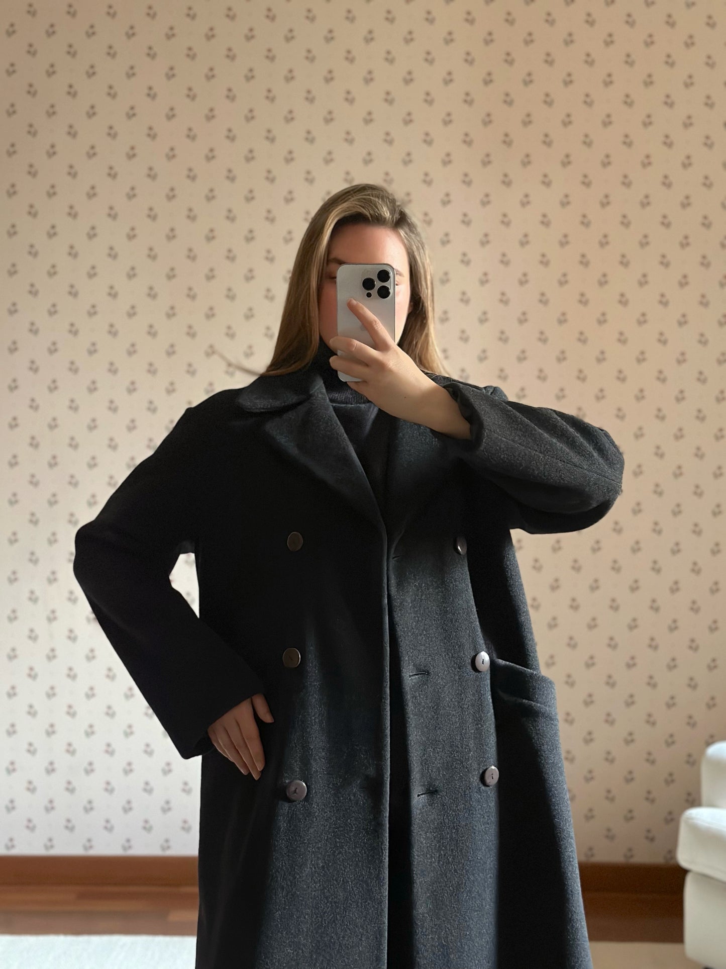 Long Gray Wool & Cashmere Belted Coat