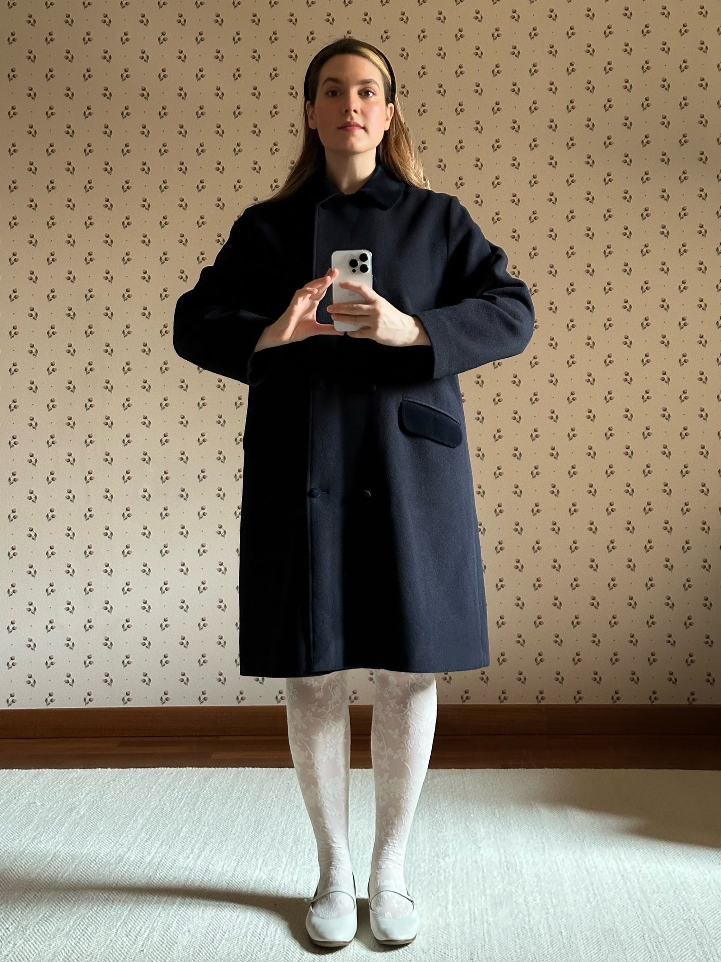 Vintage Blue Swing Coat With Velvet Details