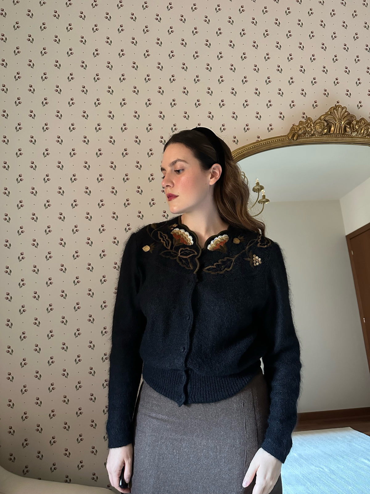 Alpaca & Mohair Embroidered Black Cardigan