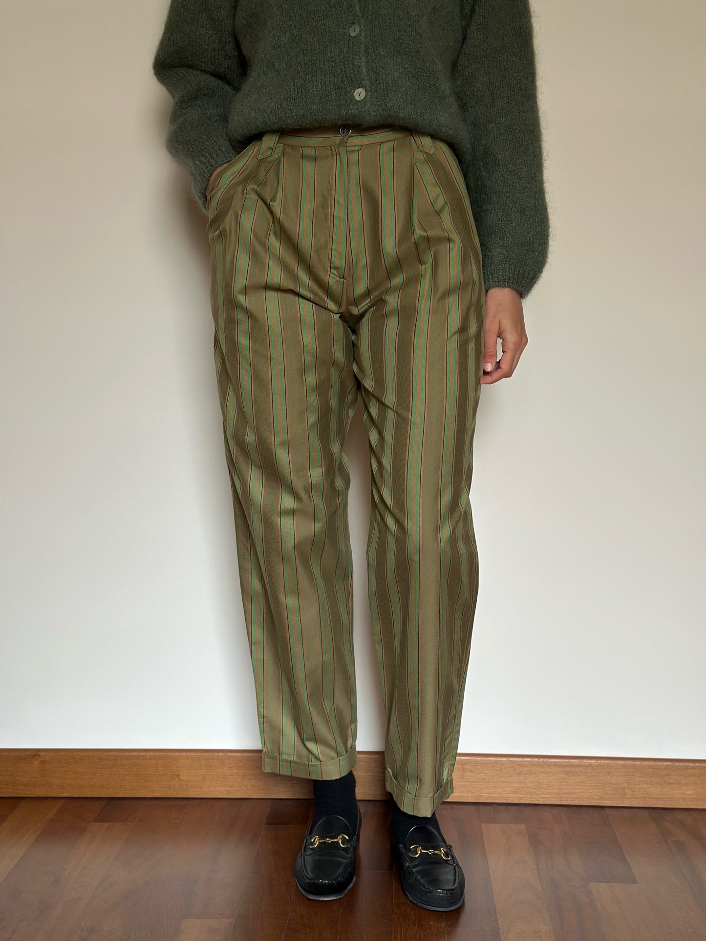 Vintage Green Striped Cotton Trousers