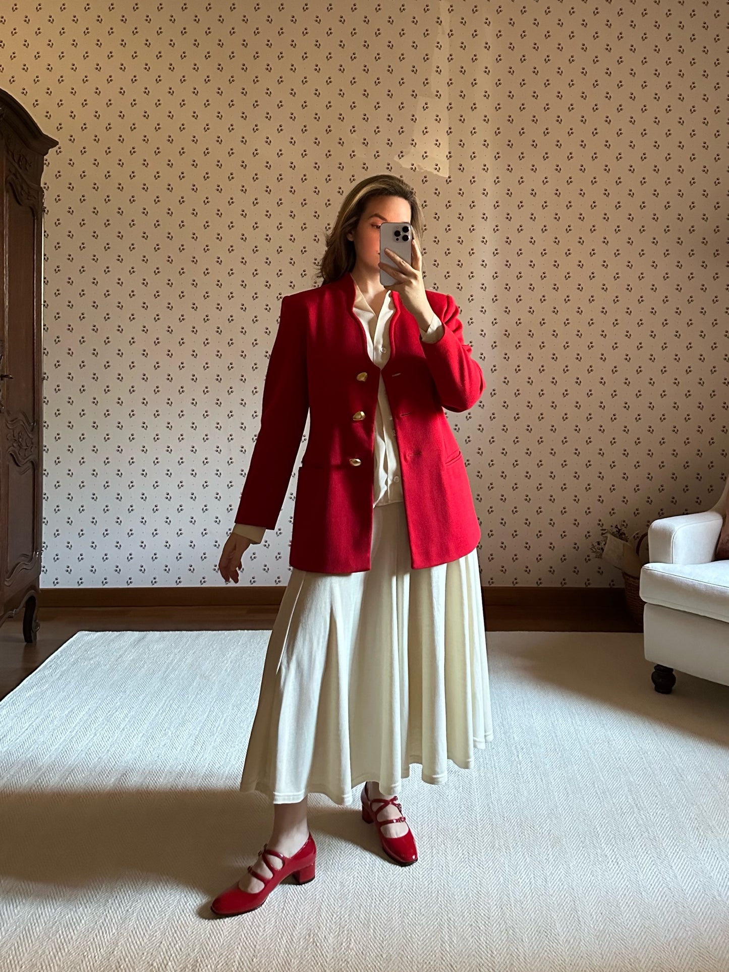 Red Wool Blazer With Golden Buttons