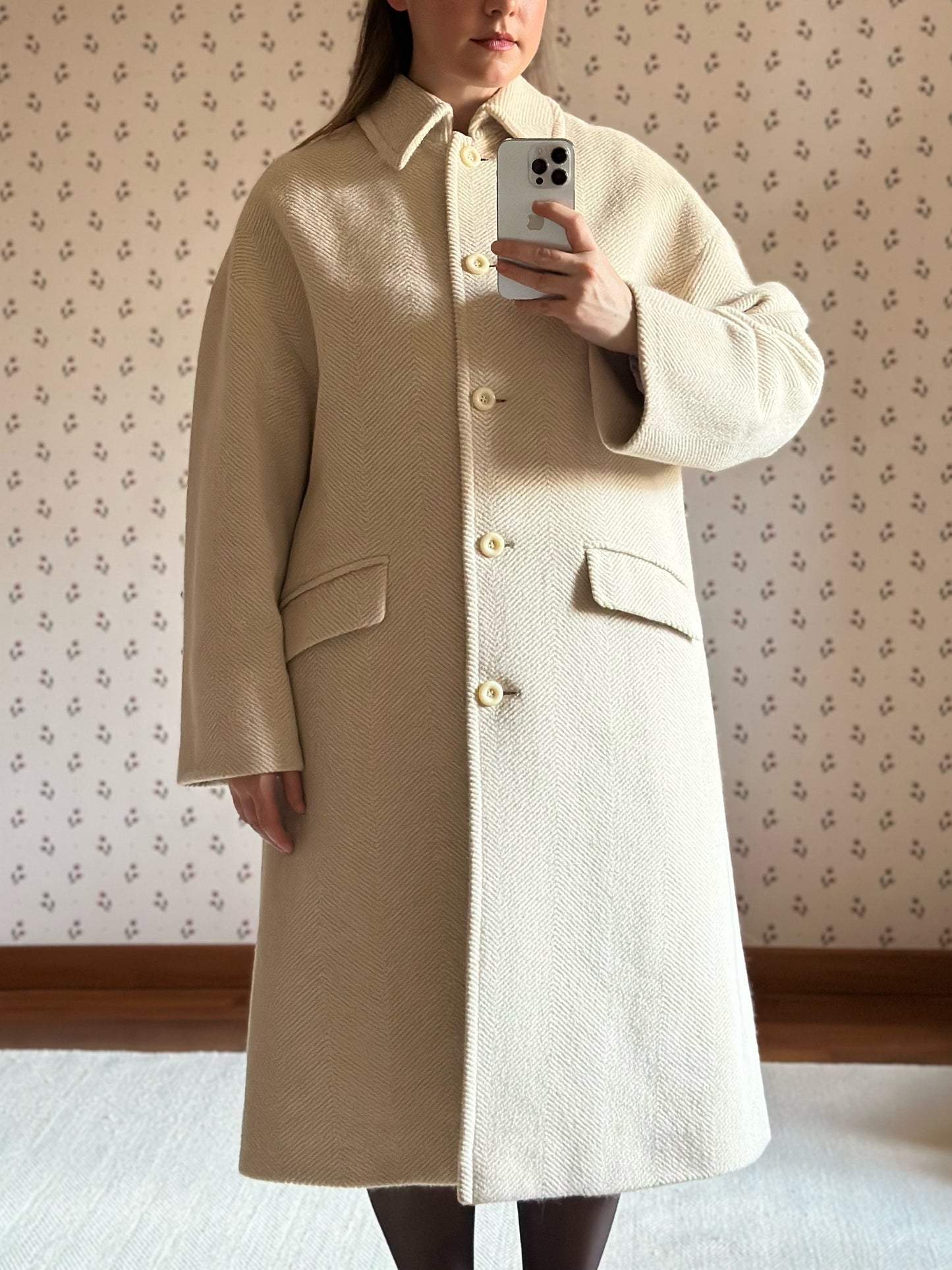 Milky White Pure Wool Herringbone Coat