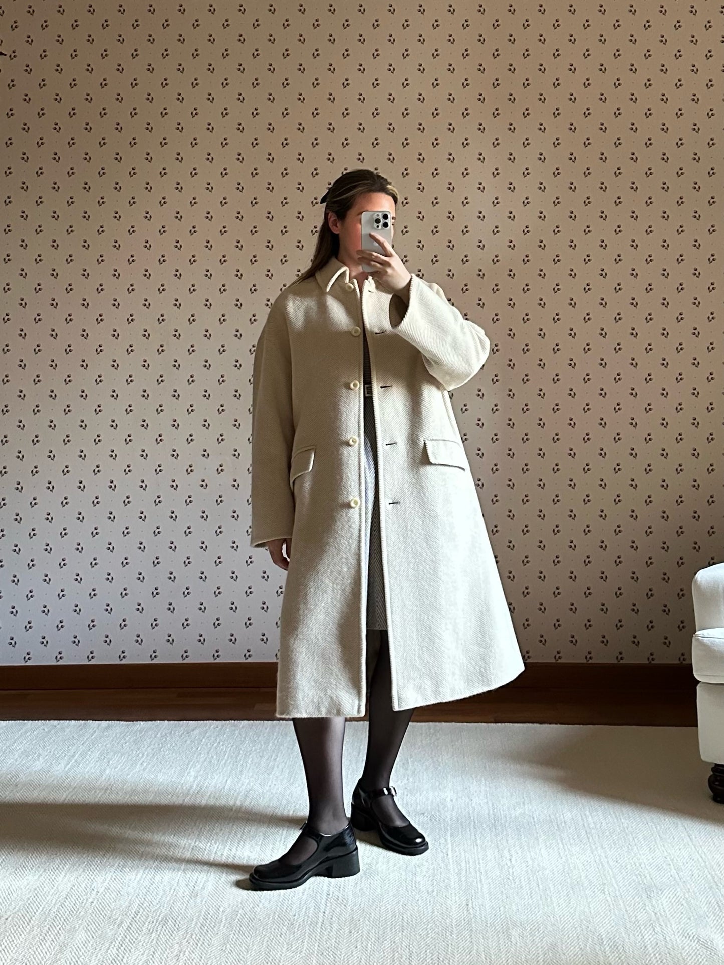 Milky White Pure Wool Herringbone Coat