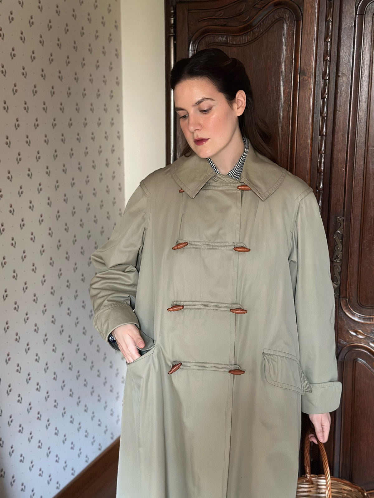 Khaki Trench Coat With Red Tartan Lining