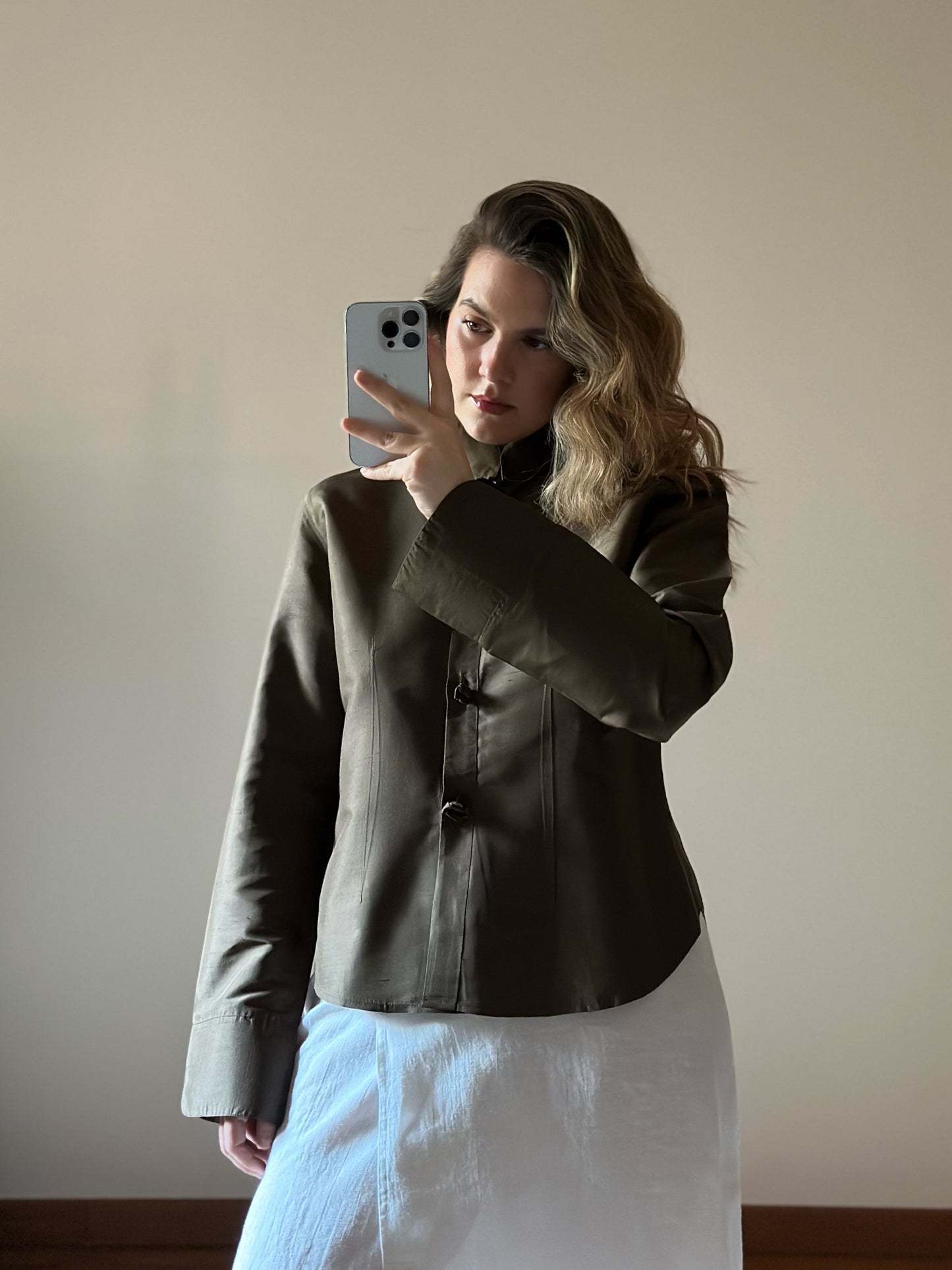 100% Silk Khaki Shirt With Rose Buttons