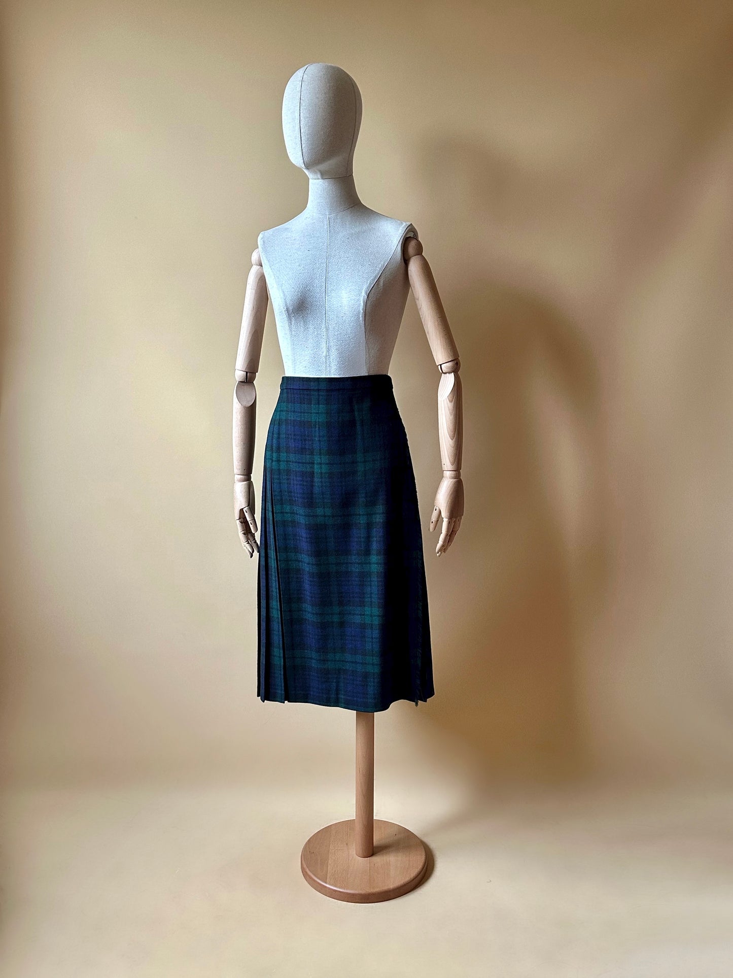 Vintage Tartan Green & Blue Pleated Skirt