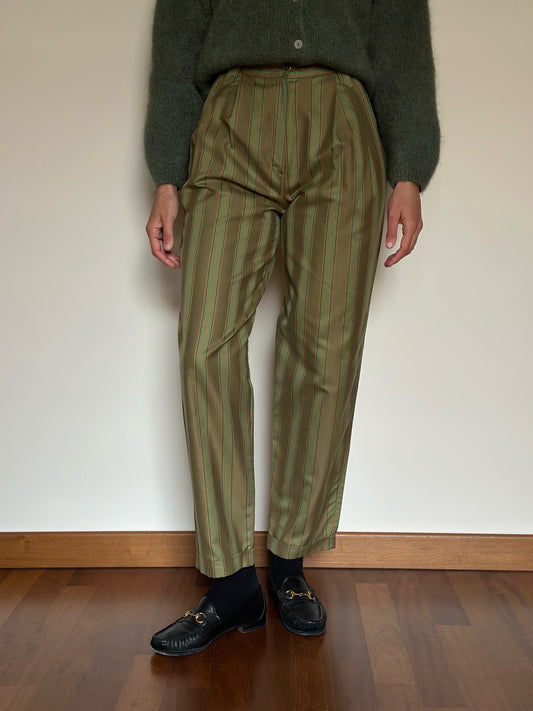 Vintage Green Striped Cotton Trousers