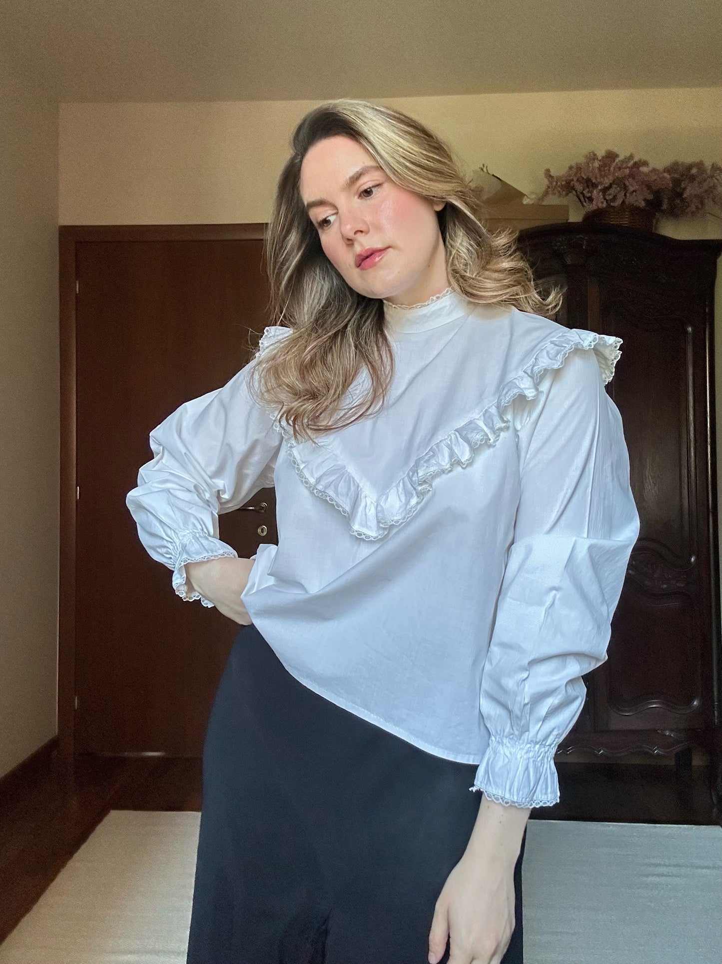 White Ruffled Mock Neck Shirt