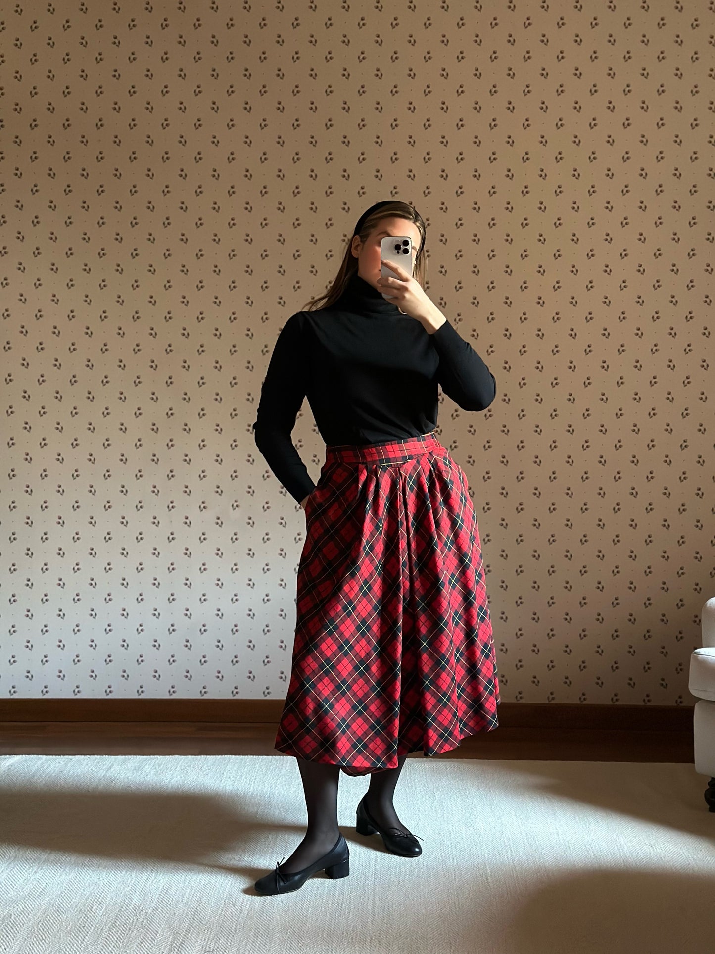 Red Tartan Pure Wool Midi Circle Skirt