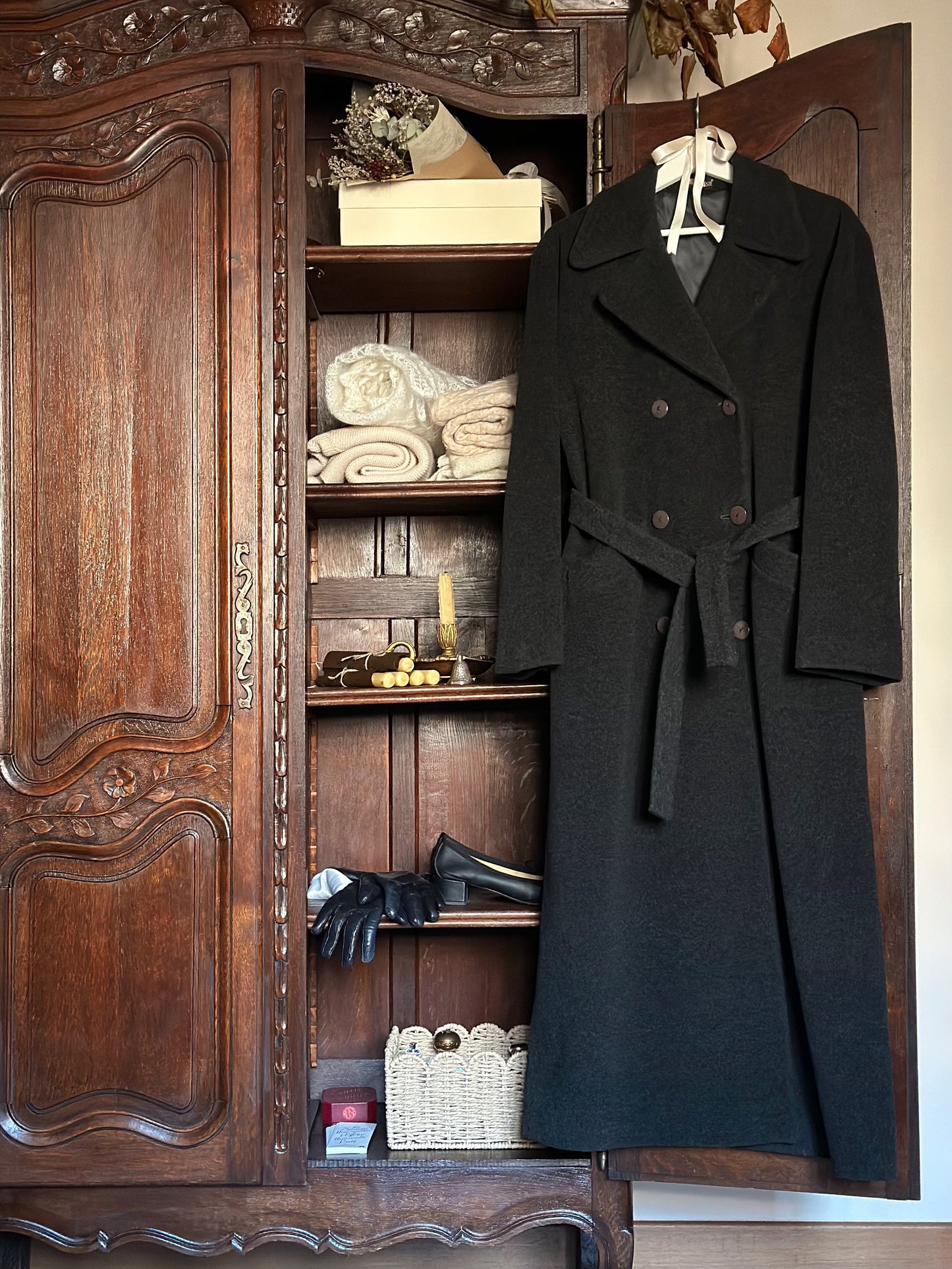 Long Gray Wool & Cashmere Belted Coat