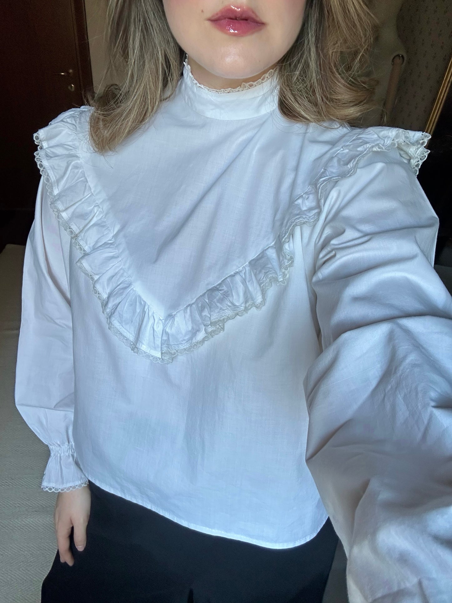 White Ruffled Mock Neck Shirt