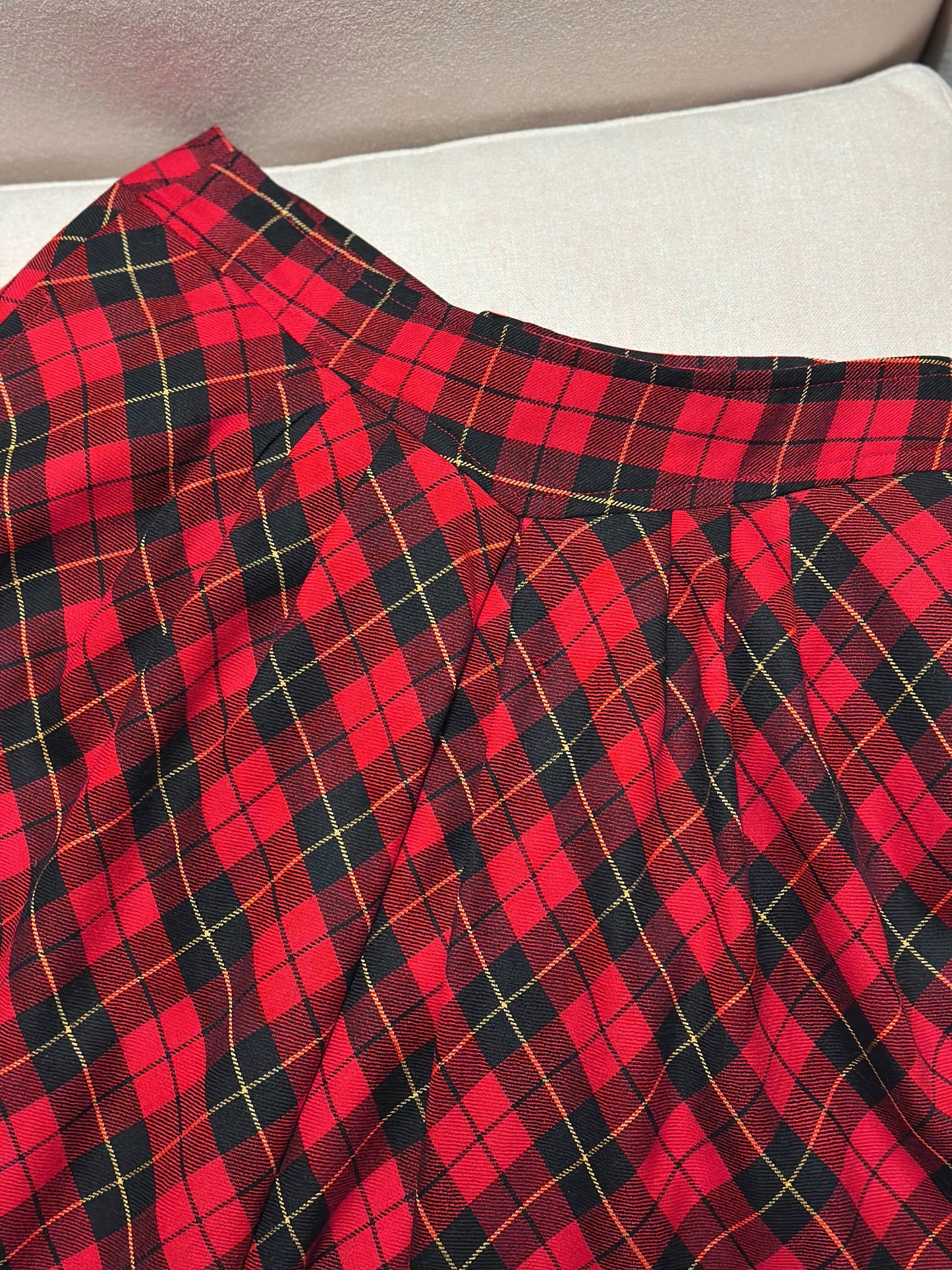 Red Tartan Pure Wool Midi Circle Skirt
