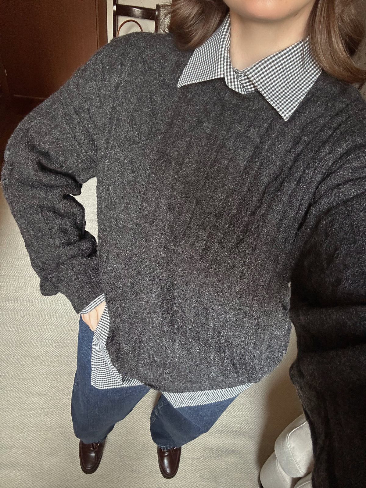 100% Alpaca Gray Cable Knit Sweater