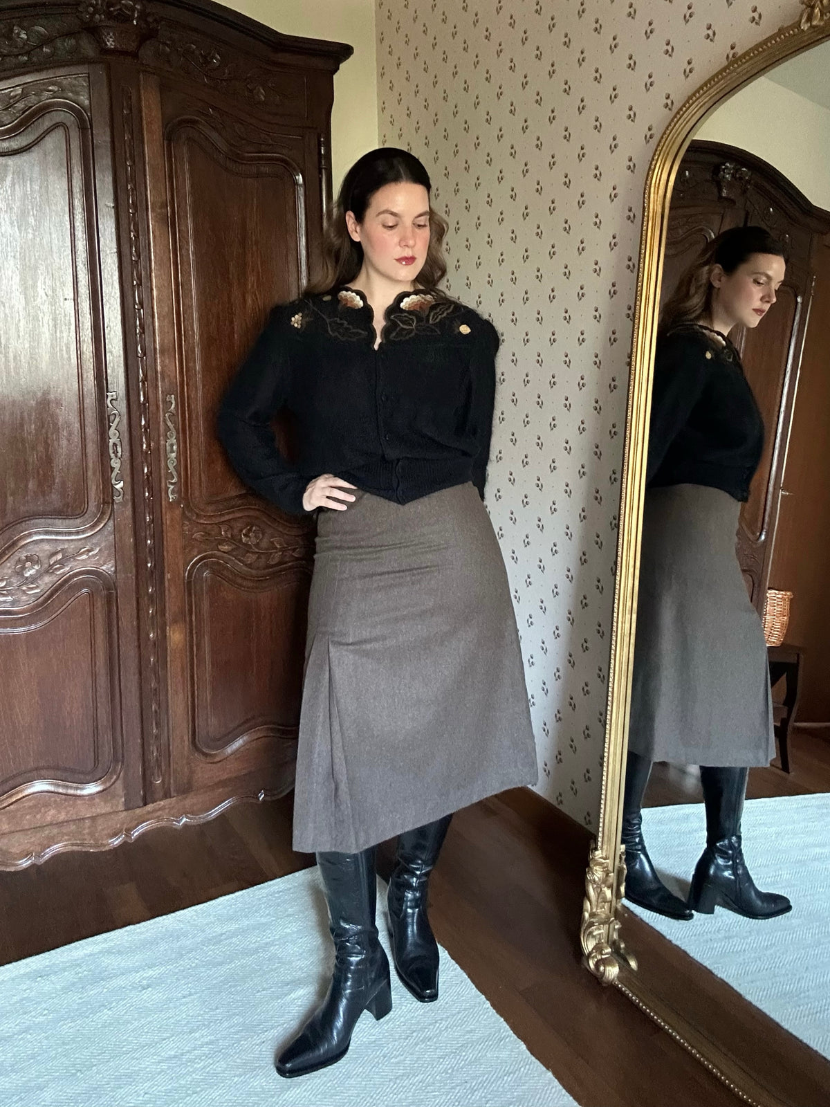Pure Wool Taupe Midi Skirt
