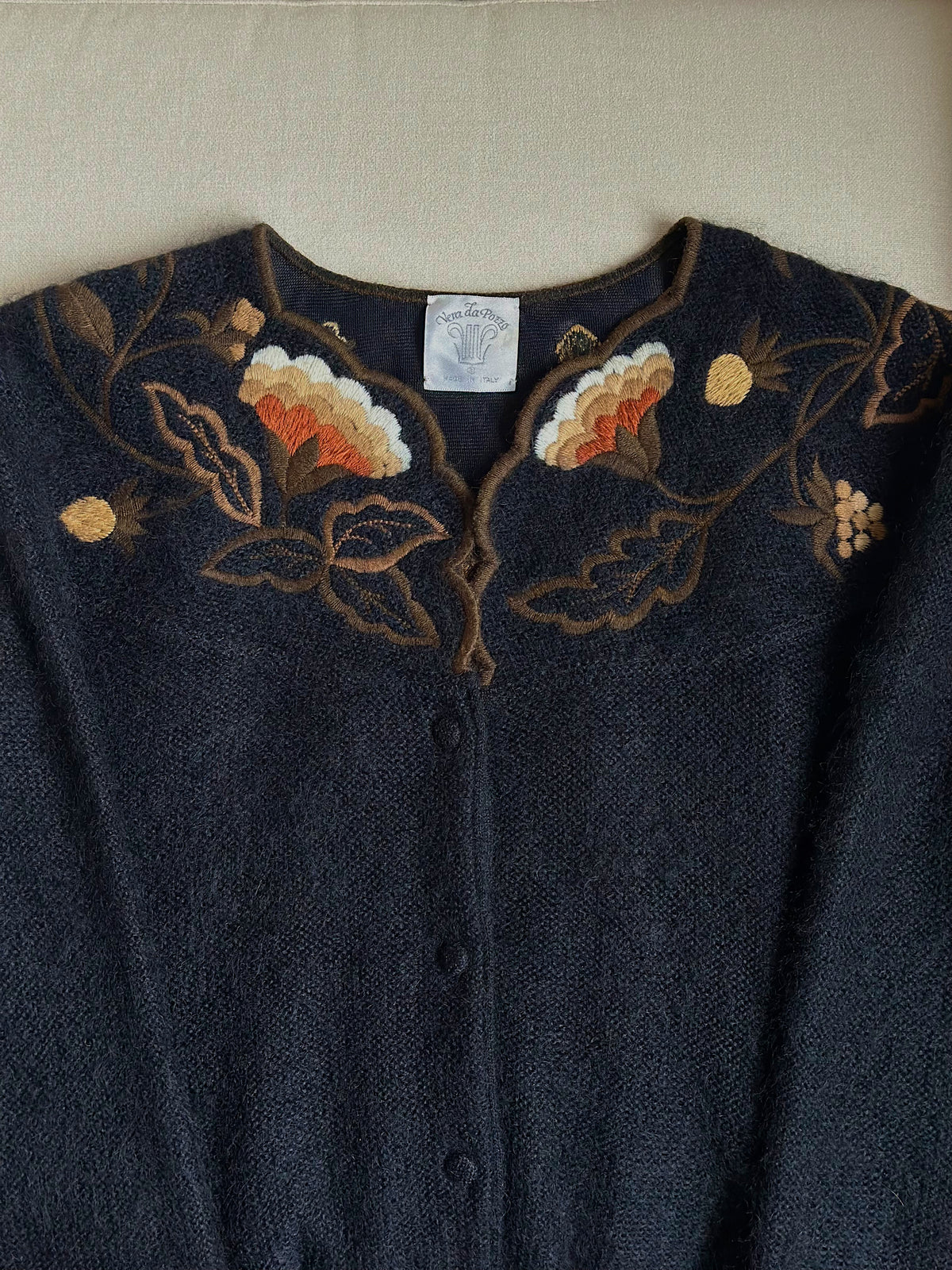 Alpaca & Mohair Embroidered Black Cardigan