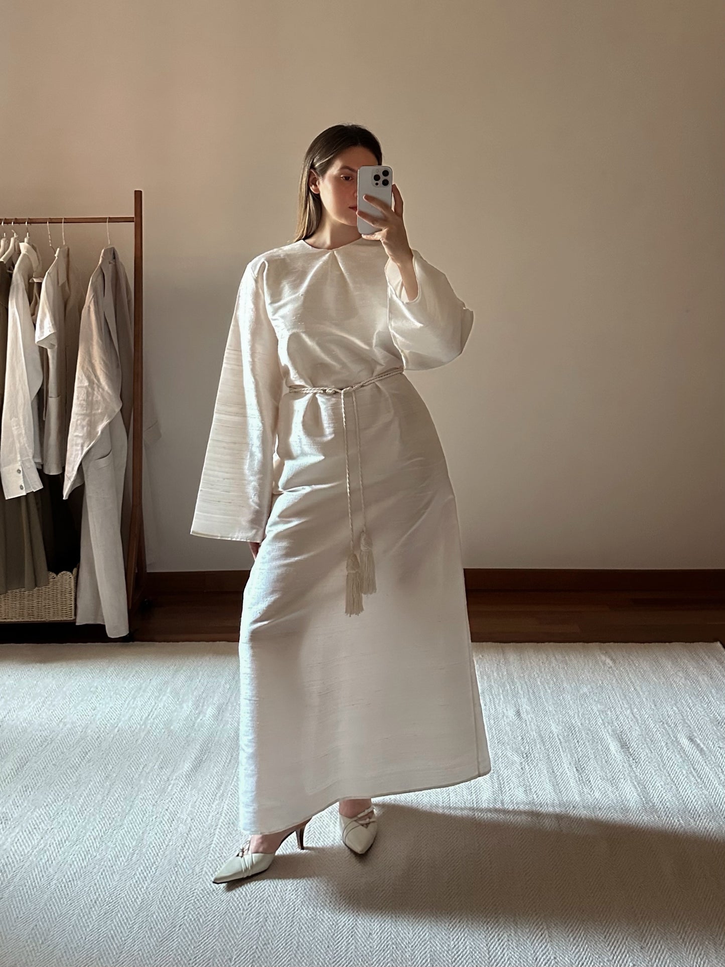 100% Silk White Long Tunic Dress