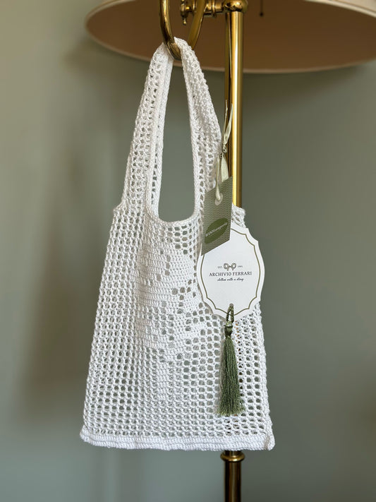 Filet Crochet White Rose Shoulder Bag