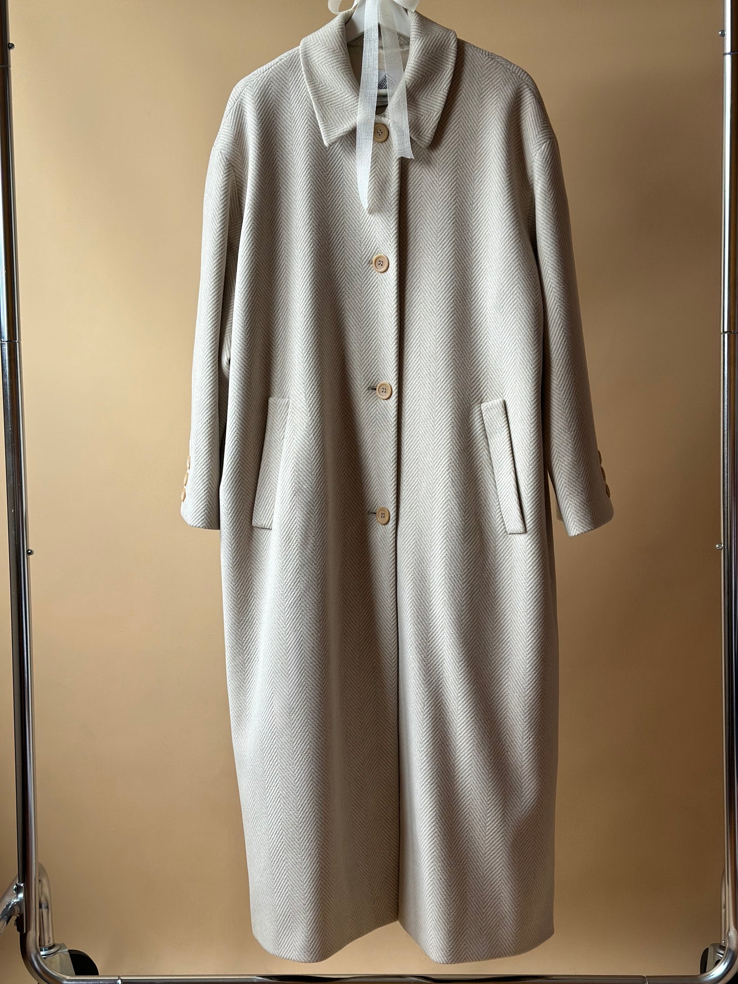 Vintage Cream Herringbone Maxi Coat