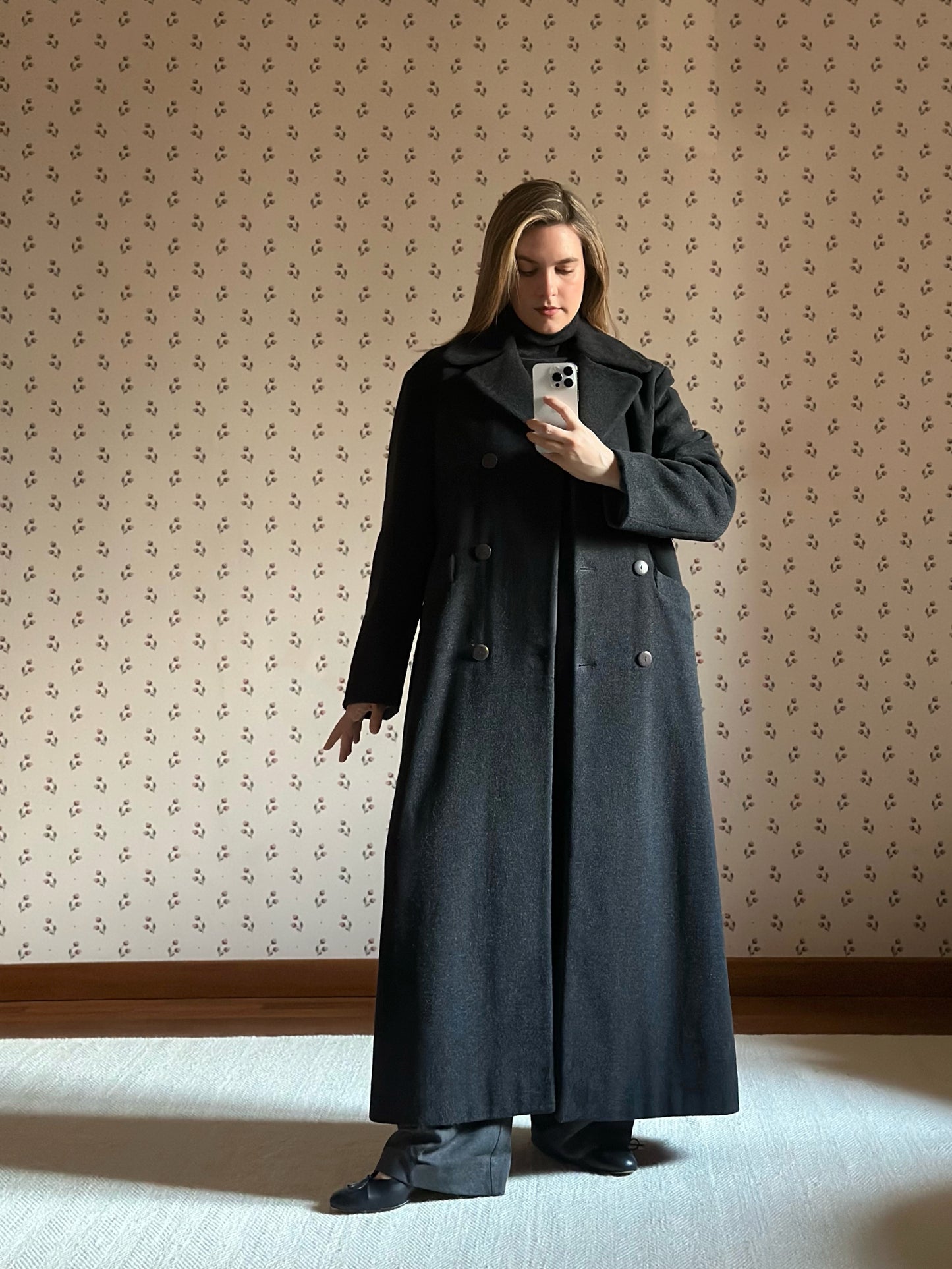 Long Gray Wool & Cashmere Belted Coat