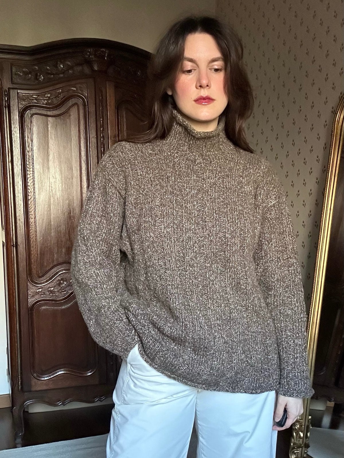Brown Fisherman Mock Neck Alpaca Jumper