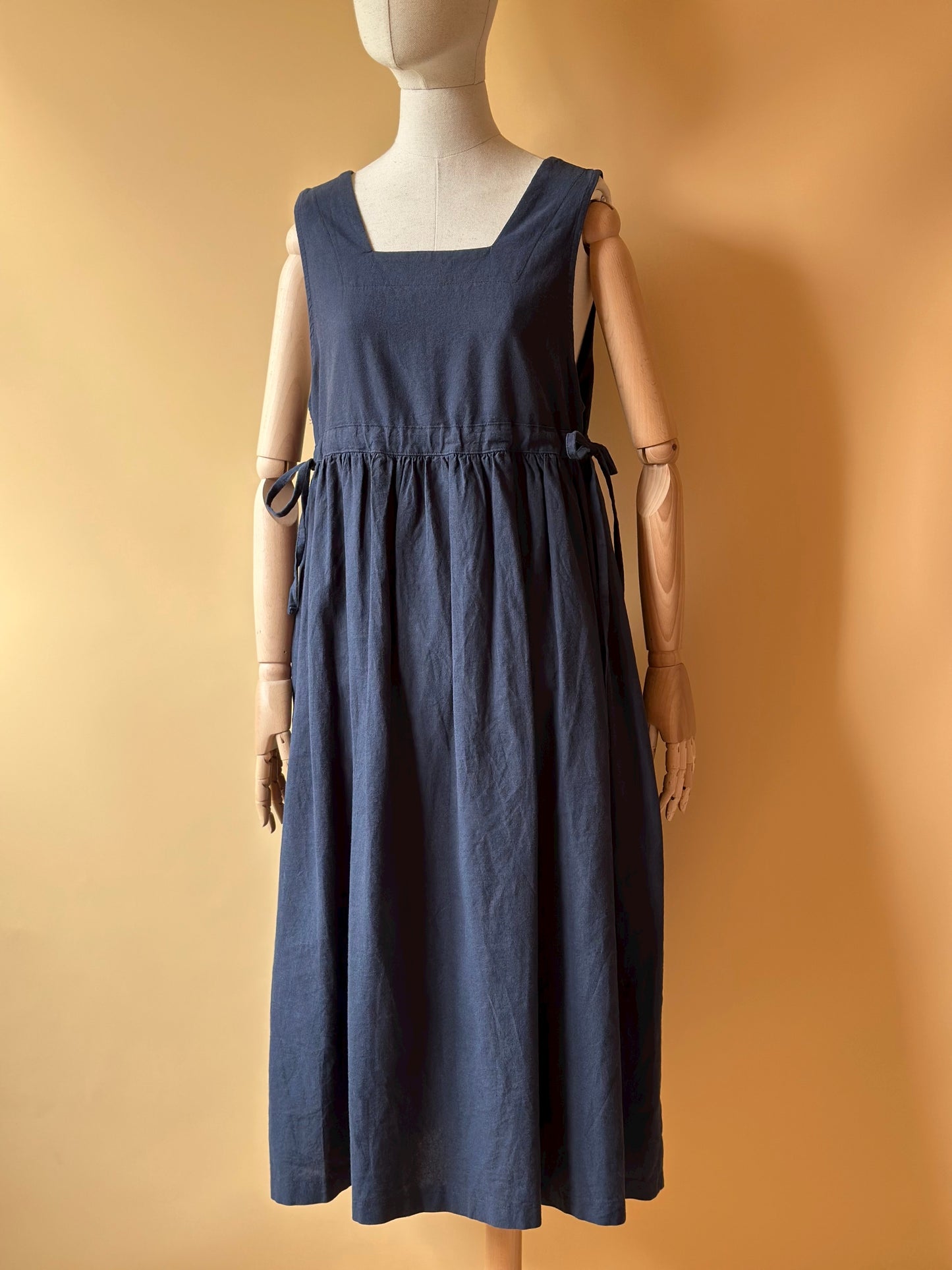 Sleeveless Navy Blue Cotton & Linen Dress
