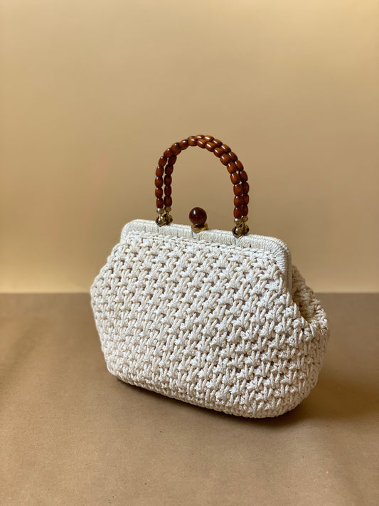 Vintage White Beaded Handle Handbag