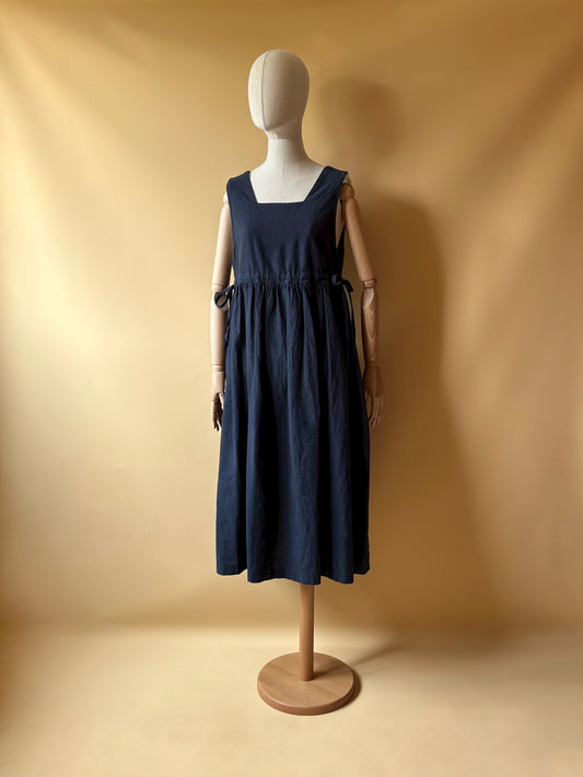 Sleeveless Navy Blue Cotton & Linen Dress