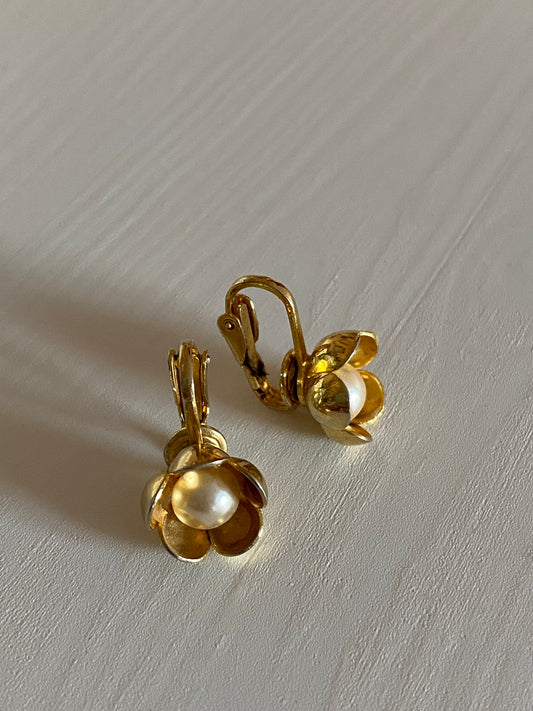 Vintage Flower and Pearl Clip-On Earrings