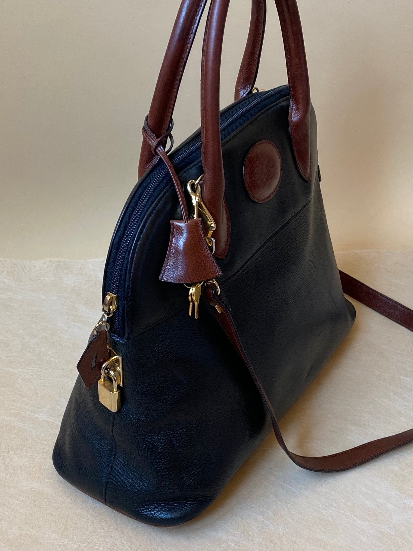 Vintage Black & Brown Leather Handbag by Serapian