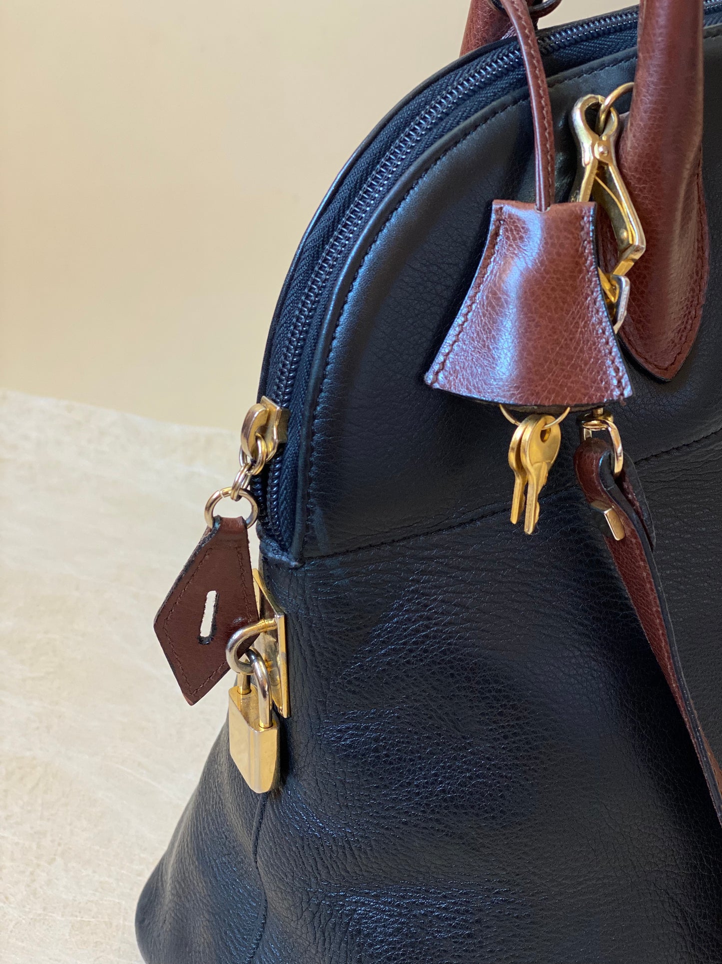 Vintage Black & Brown Leather Handbag by Serapian